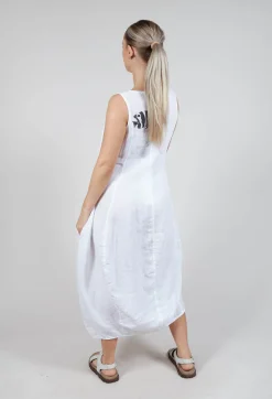 Tulip Hem Linen Dress in White Print