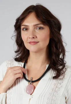 Two Leather Necklace with Oval Rose Quartz Pendant in Black