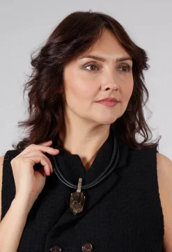 Two Leather Necklace with Smoky Quartz Pendant in Black