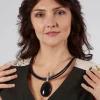 Two Leather Necklace with Oval Obsidian Pendant in Black