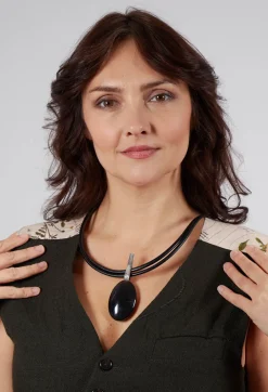 Two Leather Necklace with Oval Obsidian Pendant in Black