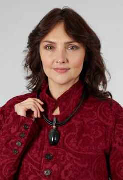 Two Leather Necklace with Oval Silver Obsidian Pendant in Black
