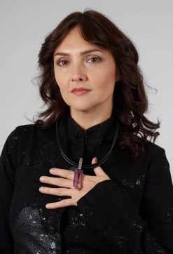 Two Leather Necklace with Ameythst Pendant in Black