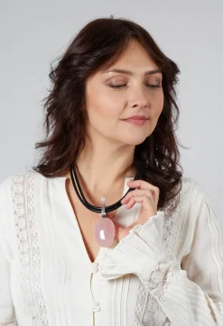 Two Leather Necklace with Oval Rose Quartz Pendant in Black