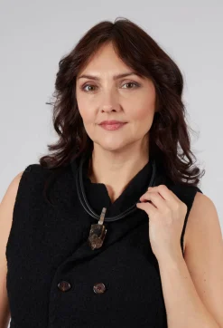 Two Leather Necklace with Smoky Quartz Pendant in Black