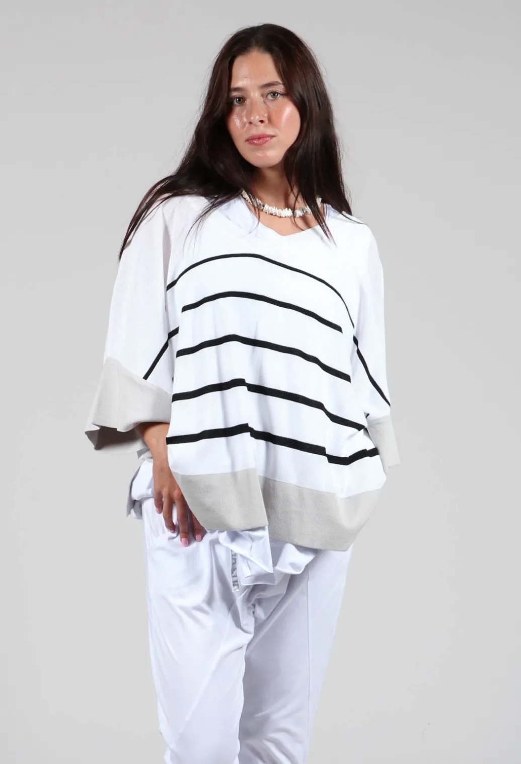 V Neck Jumper in White and Black Stripe