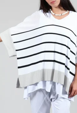V Neck Jumper in White and Black Stripe