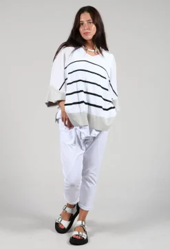 V Neck Jumper in White and Black Stripe
