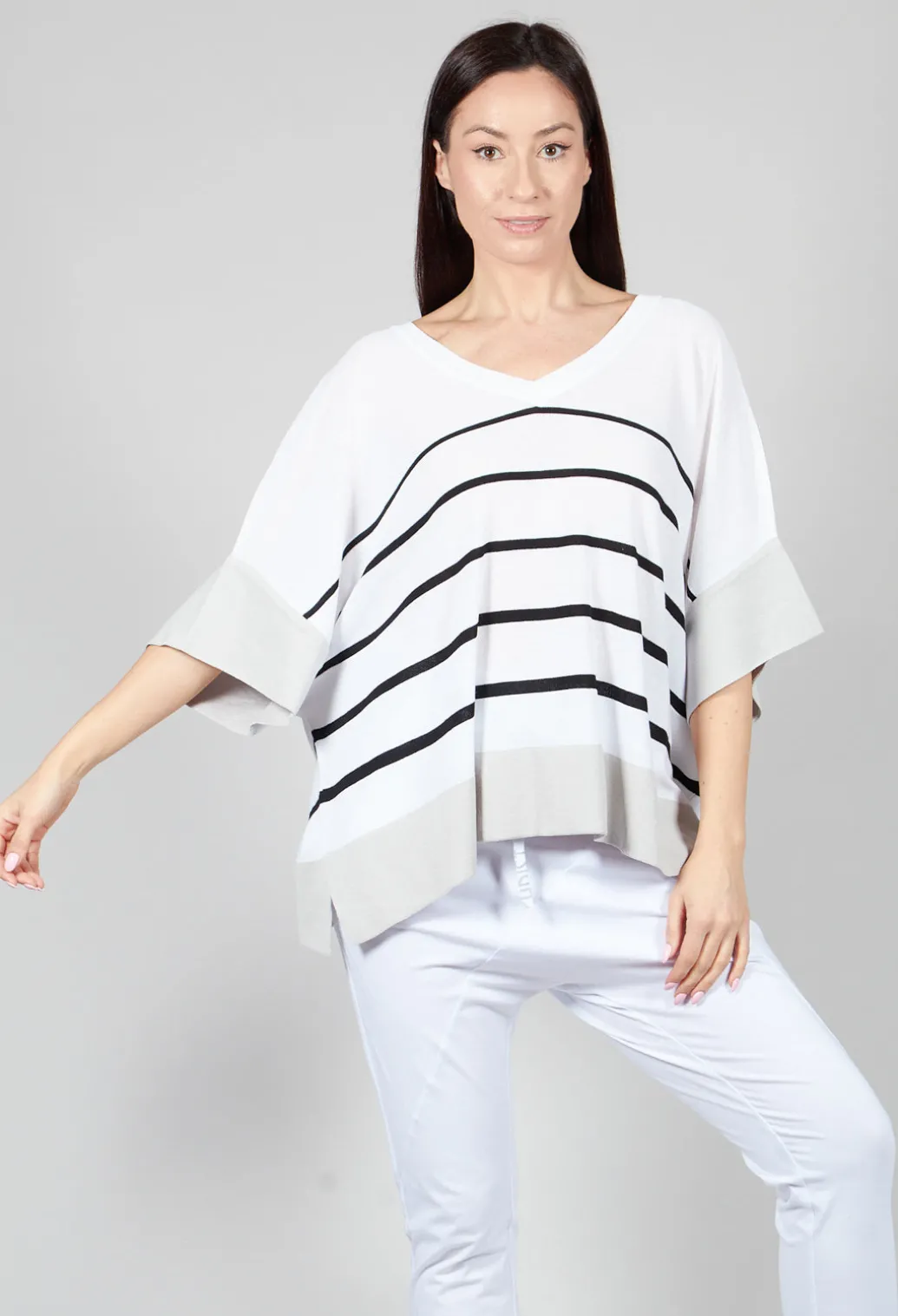 V Neck Jumper in White and Black Stripe