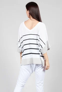 V Neck Jumper in White and Black Stripe