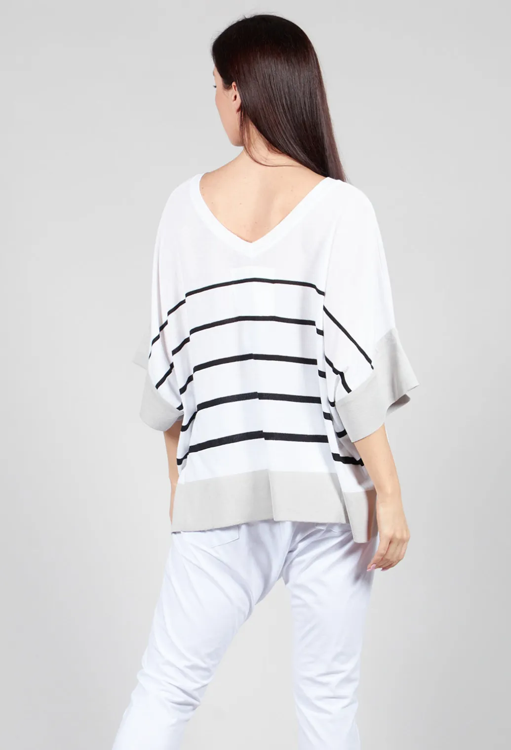 V Neck Jumper in White and Black Stripe