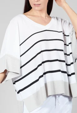 V Neck Jumper in White and Black Stripe