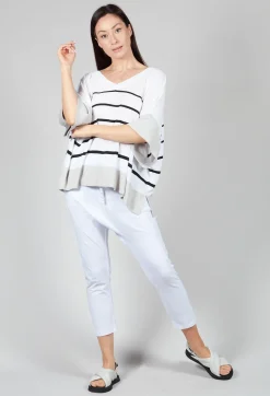V Neck Jumper in White and Black Stripe
