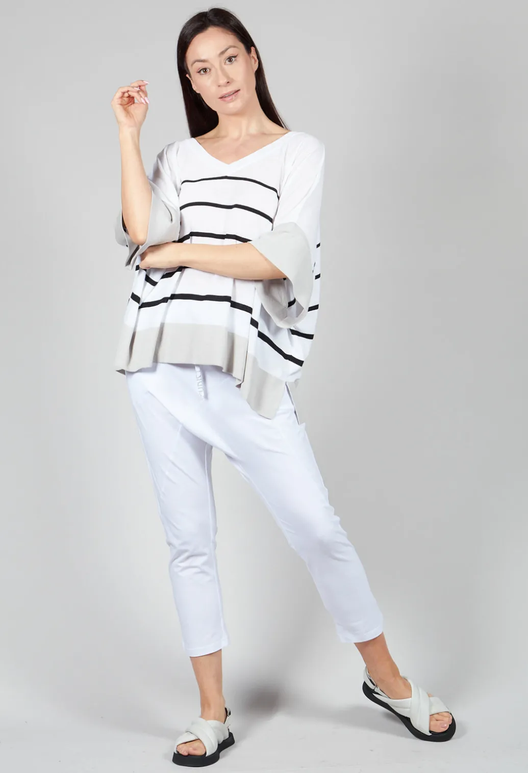 V Neck Jumper in White and Black Stripe