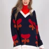 V Neck Pull with Tulip Pattern in Red and Navy