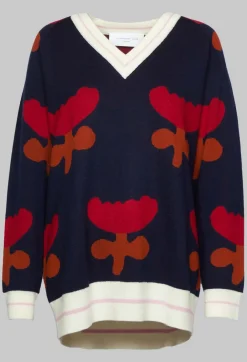 V Neck Pull with Tulip Pattern in Red and Navy