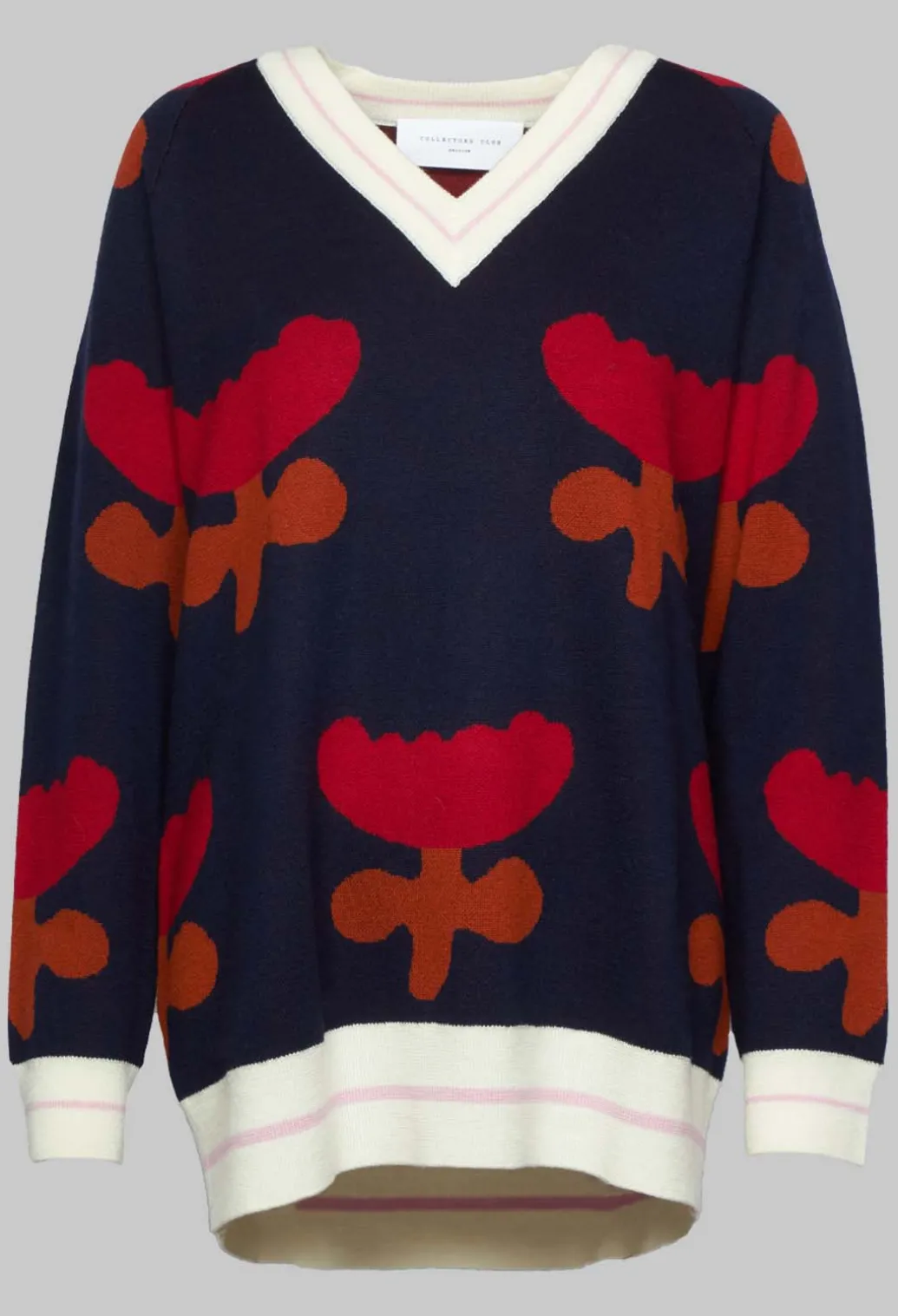 V Neck Pull with Tulip Pattern in Red and Navy