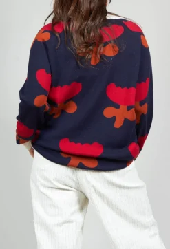 V Neck Pull with Tulip Pattern in Red and Navy