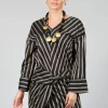 V Neck Striped Cross Over Top in Singapura Nero