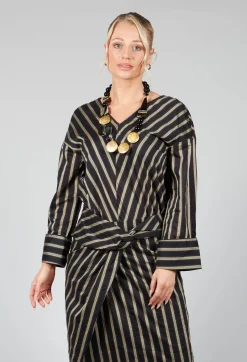 V Neck Striped Cross Over Top in Singapura Nero