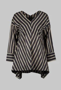 V Neck Striped Cross Over Top in Singapura Nero