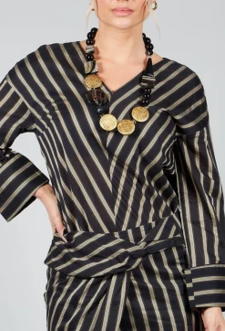 V Neck Striped Cross Over Top in Singapura Nero