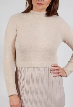 Verlaine Dual Fabric Dress in Beige