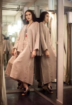 V-Neck Linen Dress in Dusky Pink