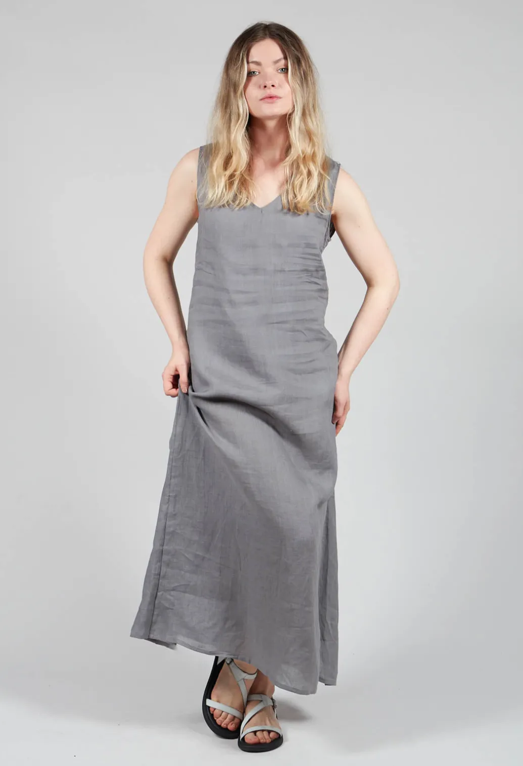 V-Neck Linen Dress in Grey