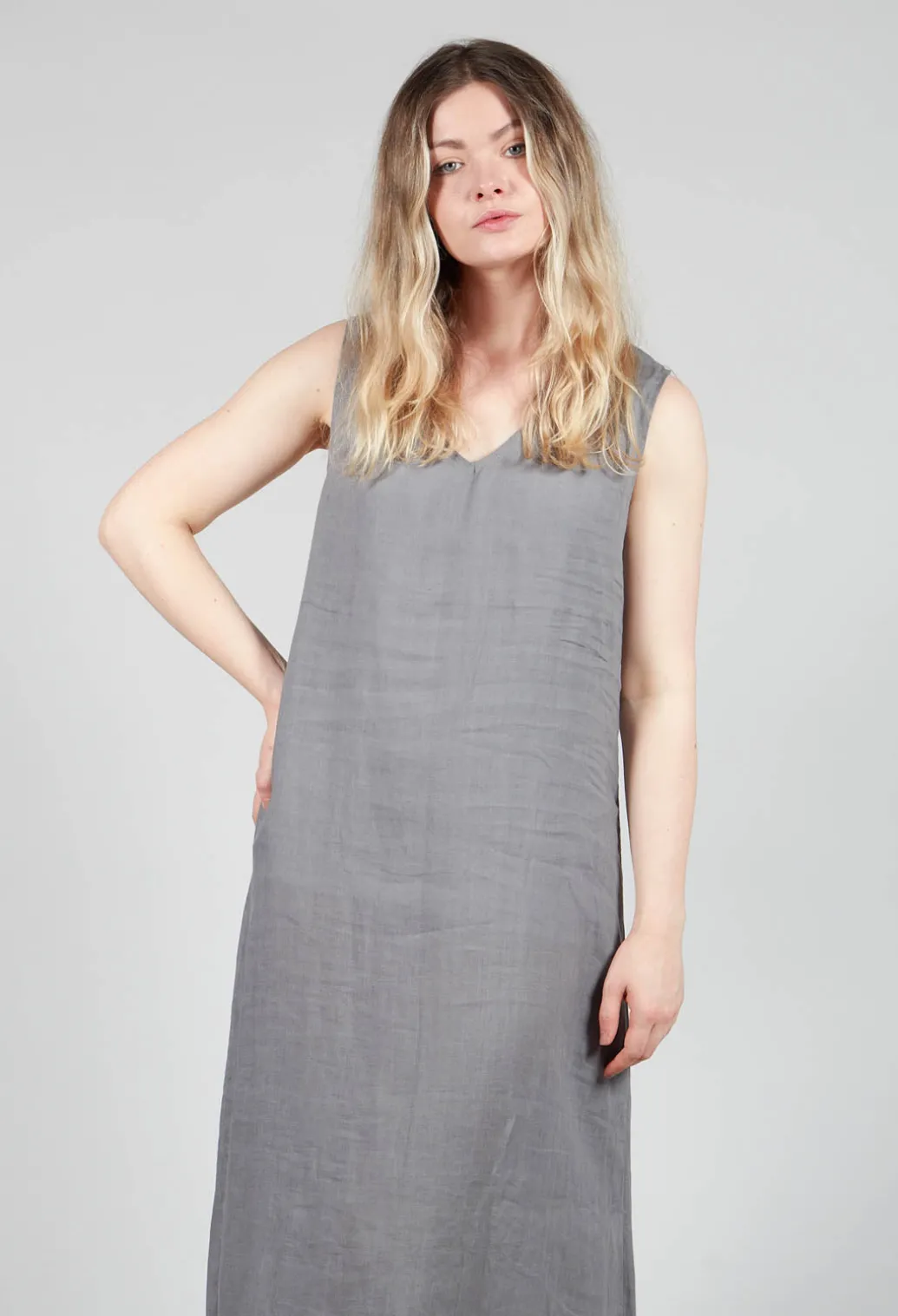 V-Neck Linen Dress in Grey