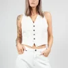 Waistcoat with Faux Front Pockets in White with Black Stripes