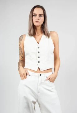 Waistcoat with Faux Front Pockets in White with Black Stripes