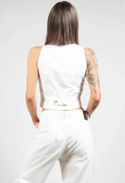 Waistcoat with Faux Front Pockets in White with Black Stripes