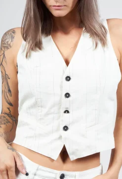 Waistcoat with Faux Front Pockets in White with Black Stripes