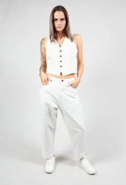 Waistcoat with Faux Front Pockets in White with Black Stripes