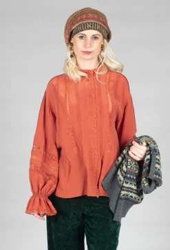 Washed Silk Blend Shirt with Lace in Caramel