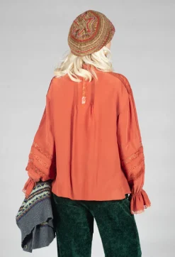 Washed Silk Blend Shirt with Lace in Caramel