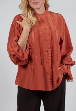 Washed Silk Blend Shirt with Lace in Caramel