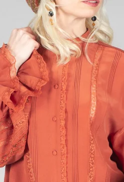 Washed Silk Blend Shirt with Lace in Caramel