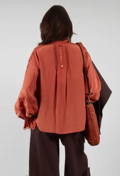 Washed Silk Blend Shirt with Lace in Caramel