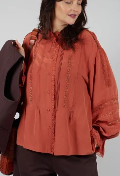Washed Silk Blend Shirt with Lace in Caramel