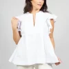 White V Neck Shirt with Flounce Sleeves