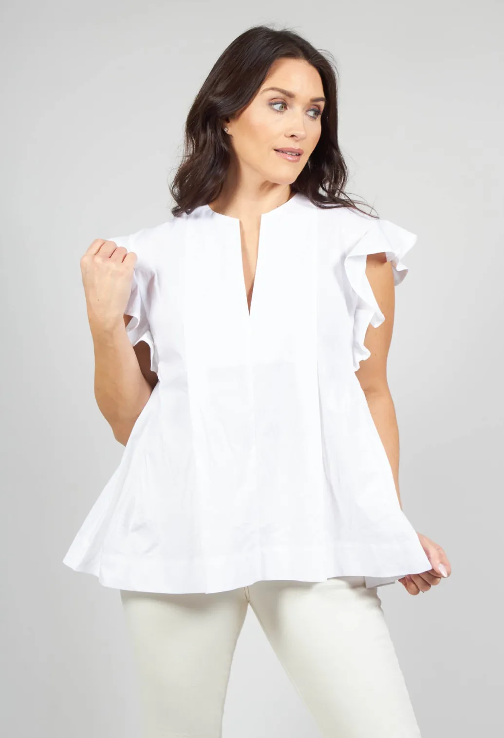 White V Neck Shirt with Flounce Sleeves