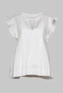 White V Neck Shirt with Flounce Sleeves