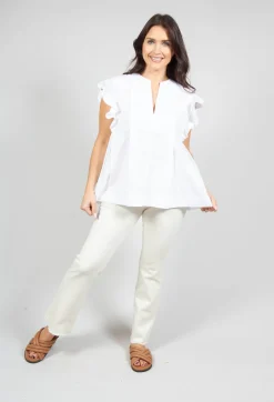 White V Neck Shirt with Flounce Sleeves