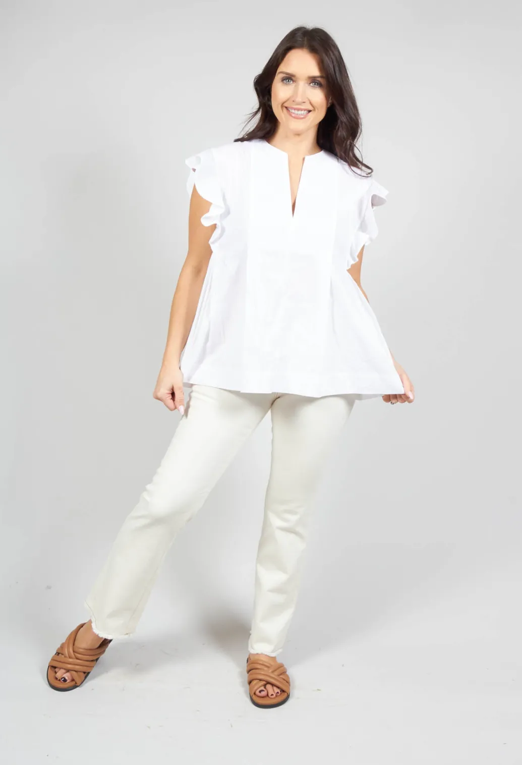 White V Neck Shirt with Flounce Sleeves