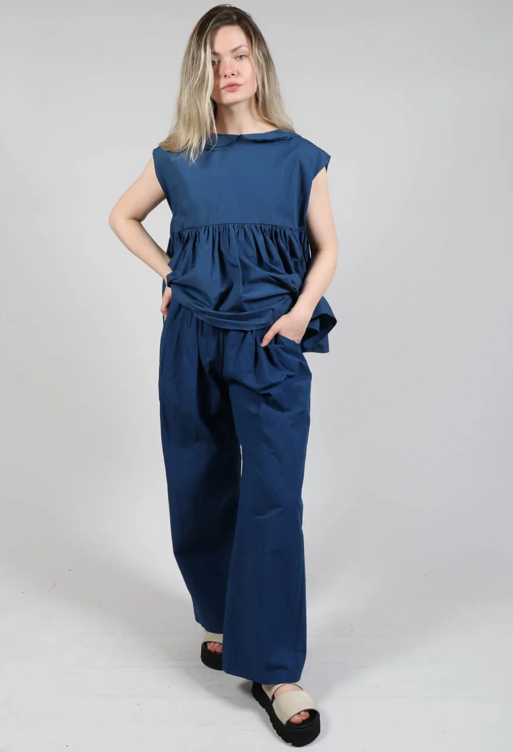 Wide Leg Straight Trousers in Marine Blue