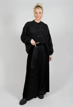 Wide Leg Trousers in Ciniglia e Raso Viscosa Tinto Freddo Nero
