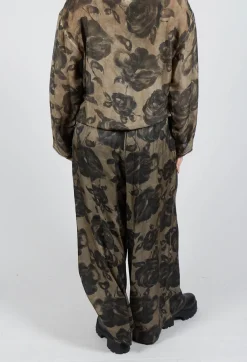 Wide Leg Trousers in Raso di Viscosa Stampato Green Tuscany