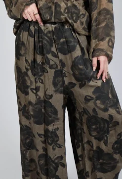 Wide Leg Trousers in Raso di Viscosa Stampato Green Tuscany